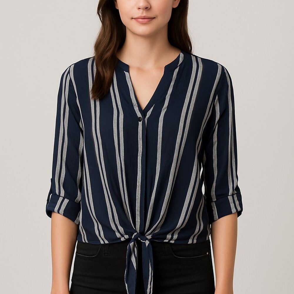 Papaya Navy Blue & White Striped Tie-Front‎ Blouse